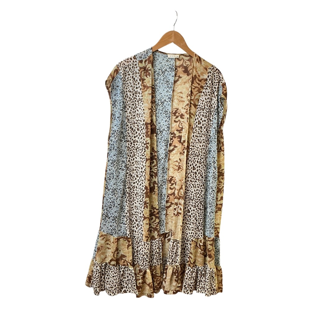 Kori Mixed Leopard Paisley Patchwork Ruffle Duster Vest Brown Blue ML B6888 - Picture 3 of 9